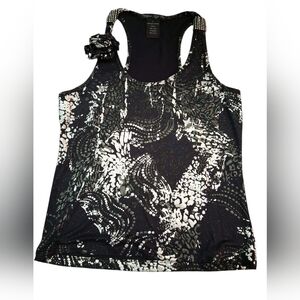 l"Cowgirl Tuff"Black and White Graphic Tank Top with a pin-on fabric flower..